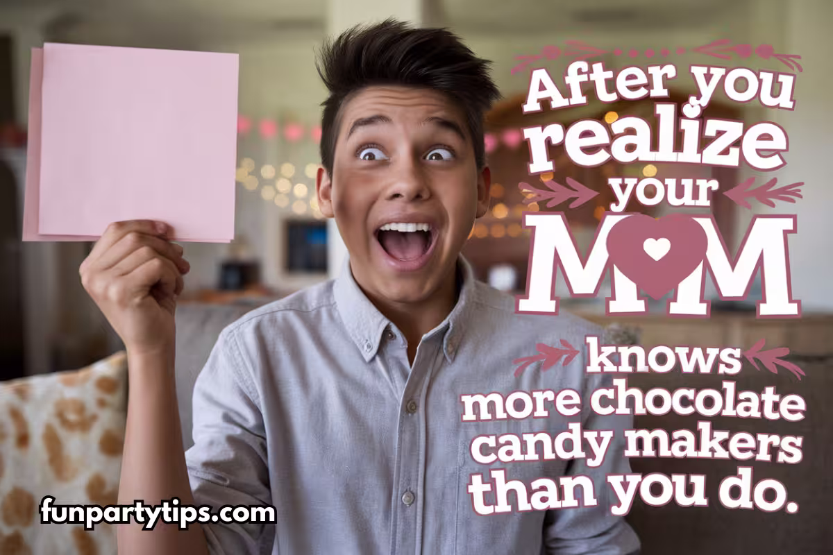 A-surprised-young-person-holding-a-pink-card,-with-the-humorous-text:-"After-you-realize-your-mom-knows-more-chocolate-candy-makers-than-you-do."-The-festive-background-features-soft-lighting-and-Valentine-themed-decorations,-creating-a-lighthearted-scene-for-a-Valentine's-Day-game-moment.
