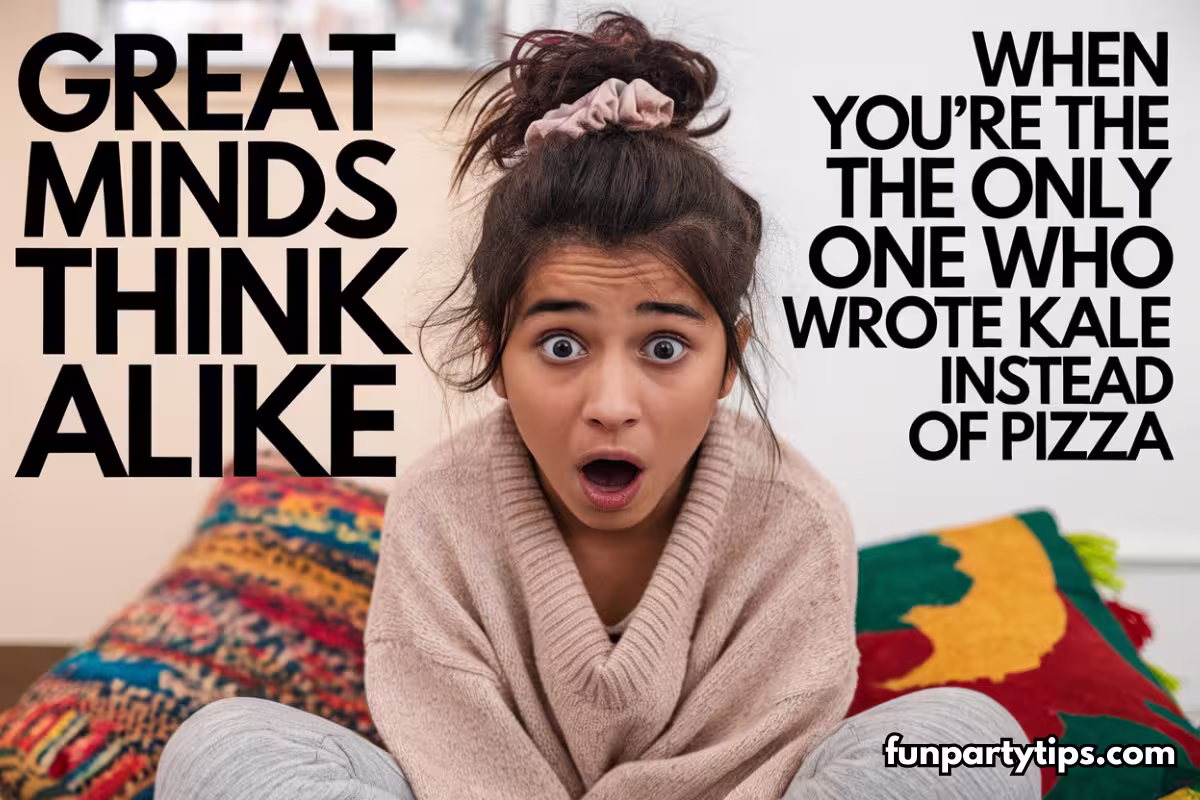 A surprised young woman sits on a couch with colorful cushions in the background, wearing a cozy beige sweater. The text overlay reads, "Great-Minds-Think-Alike" and "When-you’re-the-only-one-who-wrote-kale-instead-of-pizza," with the website "funpartytips.com" at the bottom. Perfect for promoting the "Great-Minds-Think-Alike-Game," a fun paper-and-pencil activity.