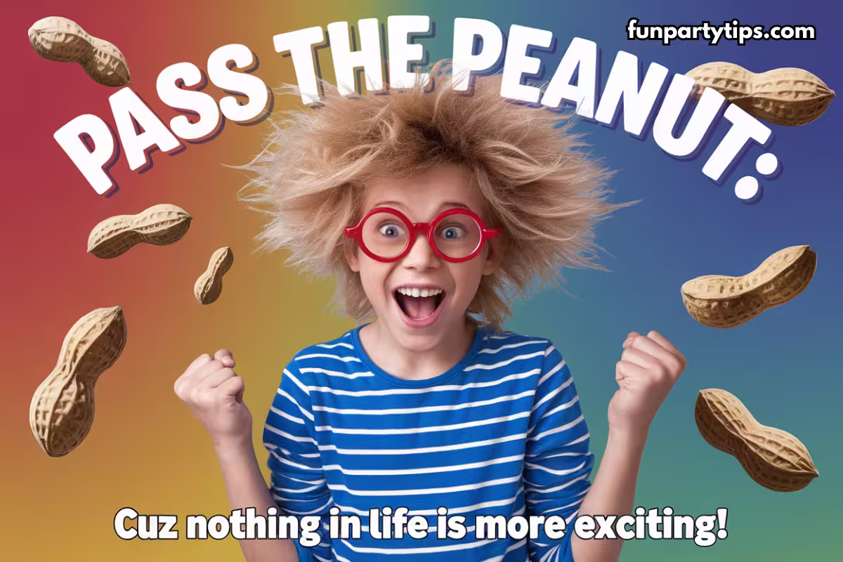 A-joyful-kid-with-wild-blonde-hair-wearing-red-glasses-and-a-blue-striped-shirt-cheers-excitedly-while-peanuts-fly-around-against-a-colorful-gradient-background.-Text-reads:-'Pass-the-Peanut:-Cuz-nothing-in-life-is-more-exciting!