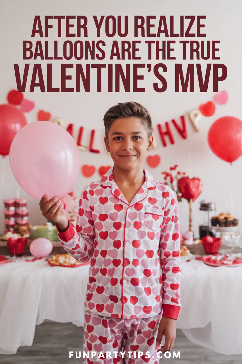 boy-in-heart-pajamas-holding-a-pink-balloon-in-front-of-a-valentine's-day-party-table-with-no-candy-and-decorations.