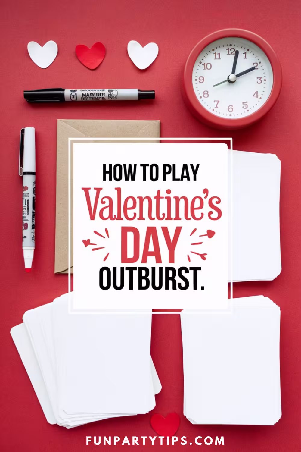 A-flat-lay-on-a-red-background,-featuring-heart-shaped-objects,-a-clock,-markers,-and-blank-cards.-The-central-text-reads,-"How-to-play-Valentine's-Day-Outburst,"-suggesting-a-setup-for-the-game.