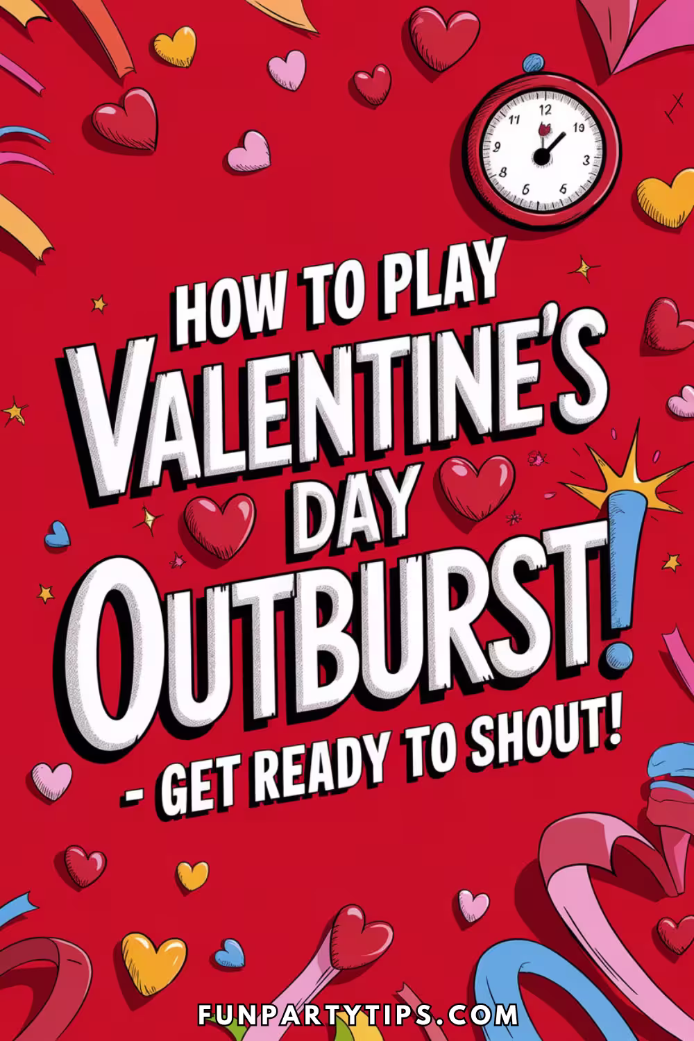 A-vibrant-red-background-filled-with-hearts,-stars,-and-a-clock,-with-the-bold-text:-"How-to-play-Valentine's-Day-Outburst-–-Get-ready-to-shout!"-The-illustration-conveys-the-excitement-and-fast-paced-energy-of-the-game.