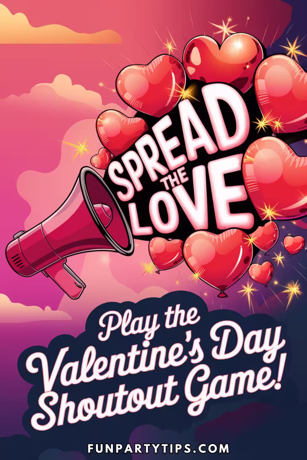 A-colorful-illustration-of-floating-hearts-and-a-megaphone,-with-the-text:-"Spread-the-love-–-Play-the-Valentine's-Day-Shoutout-Game!"-The-design-emphasizes-connection-and-celebration-in-a-Valentine's-Day-game.