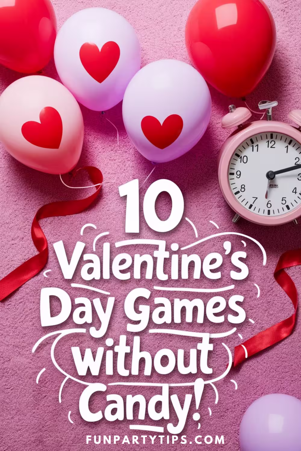 A set of pink, red, and purple balloons with heart designs on a pink carpet background, alongside a pink alarm clock, with the text "10-Valentine's-Day-Games-Without-Candy." Perfect for celebrating Valentine's-Day-Games with no-candy fun.