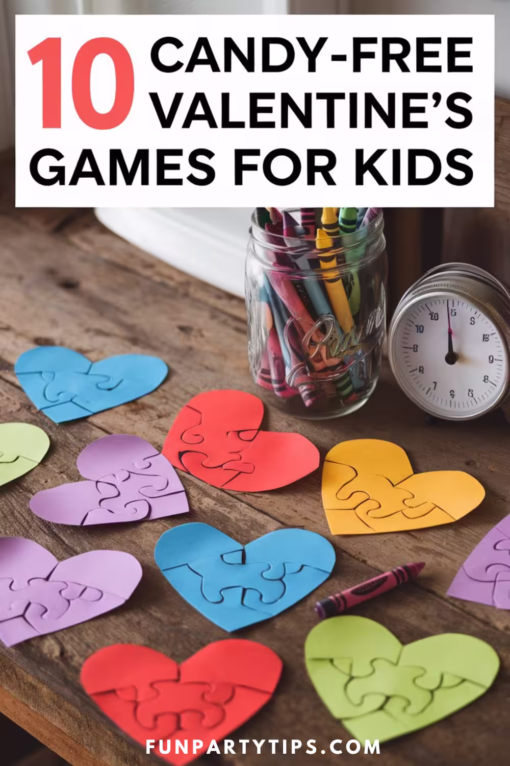 Colorful heart-shaped puzzle pieces scattered on a wooden table, with a jar of crayons and a small clock in the background. Text reads "10-Candy-Free-Valentine's-Day-Games-for-Kids," highlighting no-candy Valentine's-Day-Games activities.