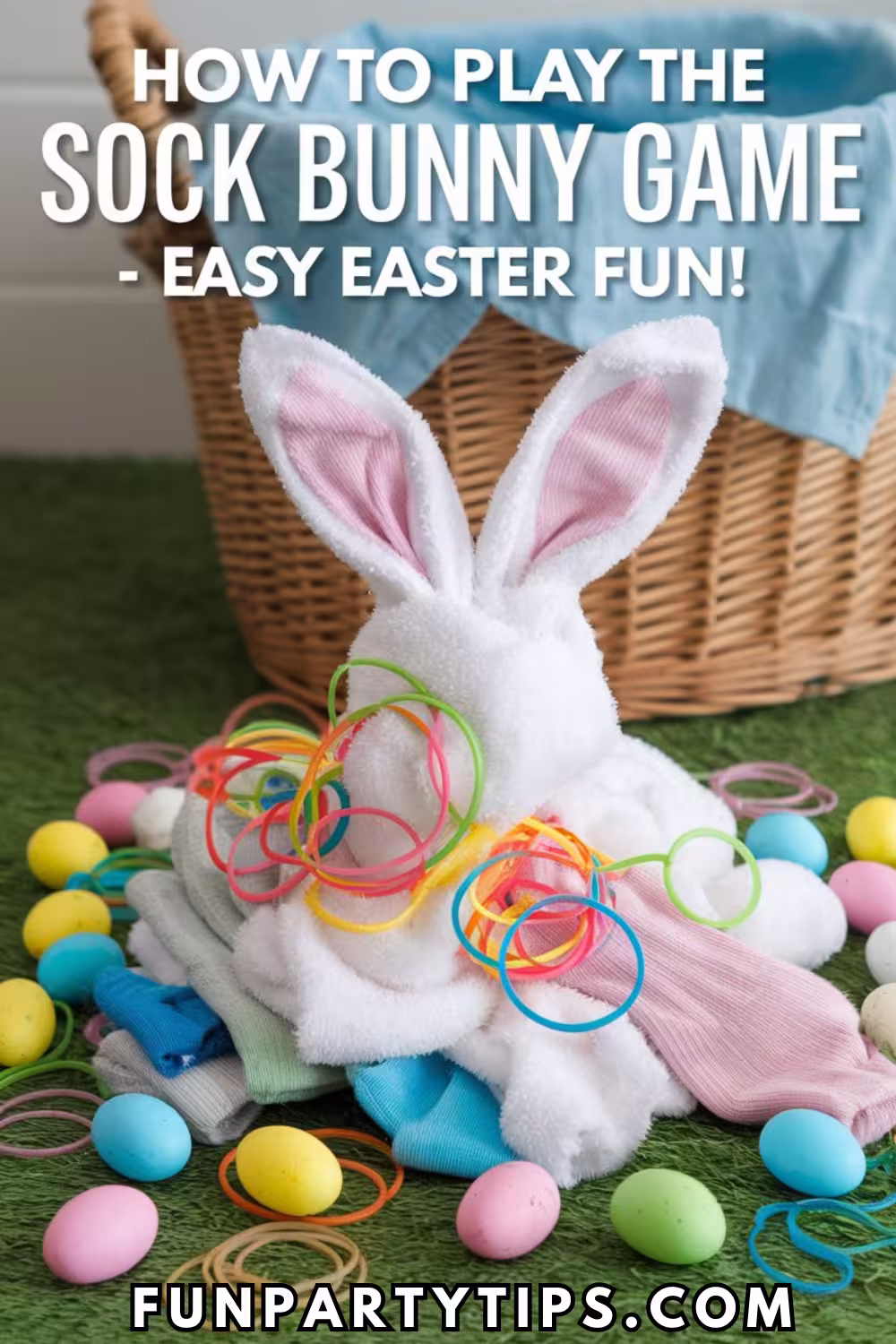A-wicker-basket-filled-with-colorful-socks-and-rubber-bands-labeled-Simple-Easter-Games-for-Kids:-Sock-Bunny-Toss-Game.-A-perfect-setup-for-an-easy-Easter-game-for-kids.