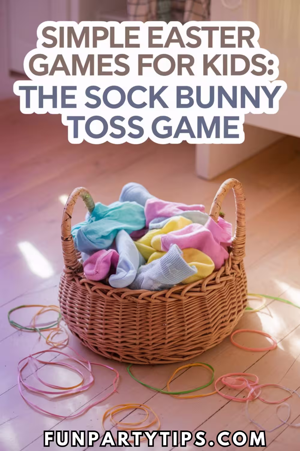 A-pile-of-socks-arranged-as-a-bunny-surrounded-by-colorful-eggs-and-rubber-bands-with-text-about-how-to-play-sock-bunny-toss.-This-easy-Easter-game-for-kids-is-both-creative-and-fun.