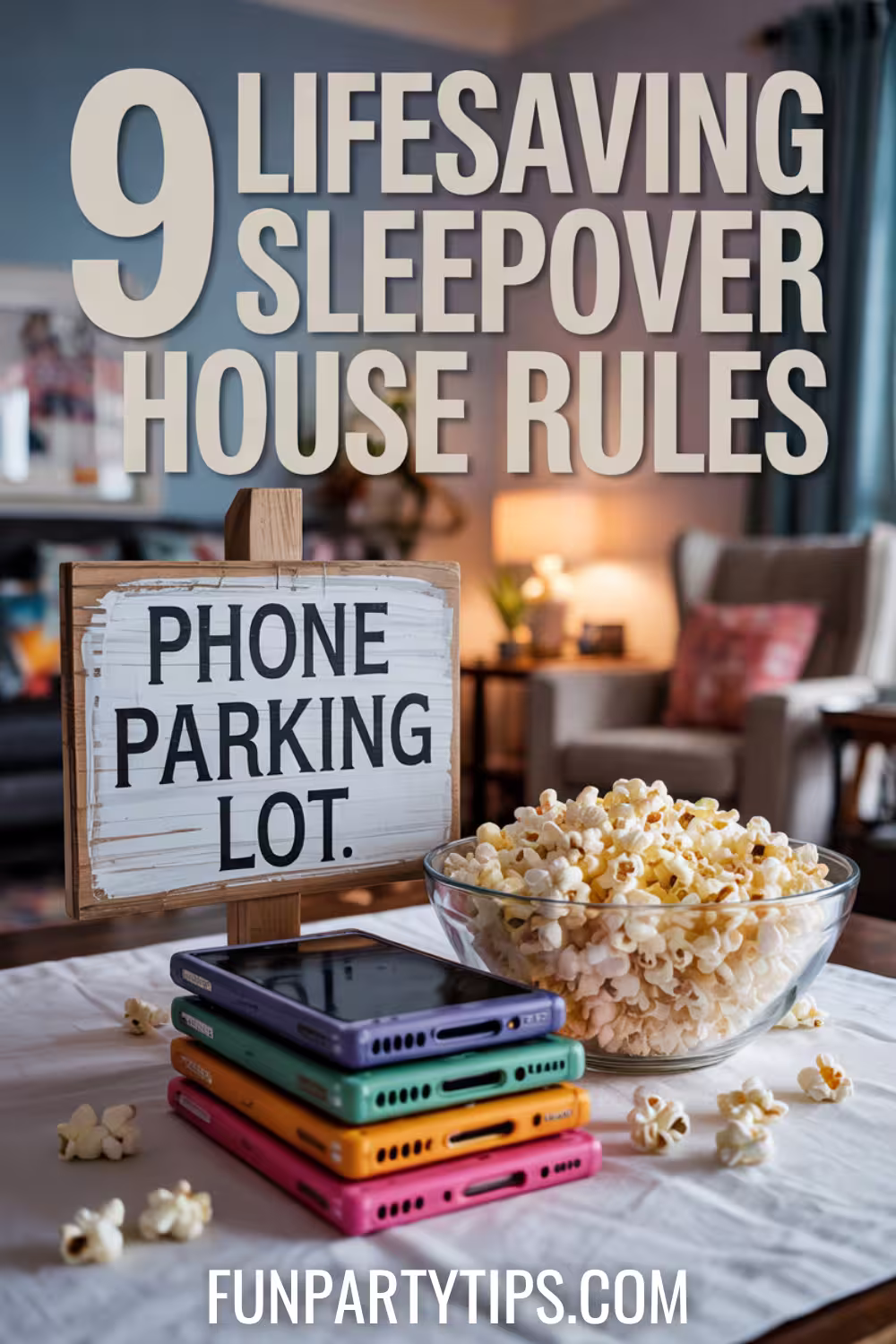a-clear-bowl-of-popcorn-and-a-phone-parking-lot-sign-and-a-stack-of-colorful-cell-phones-stacked-on-top-of-each-other