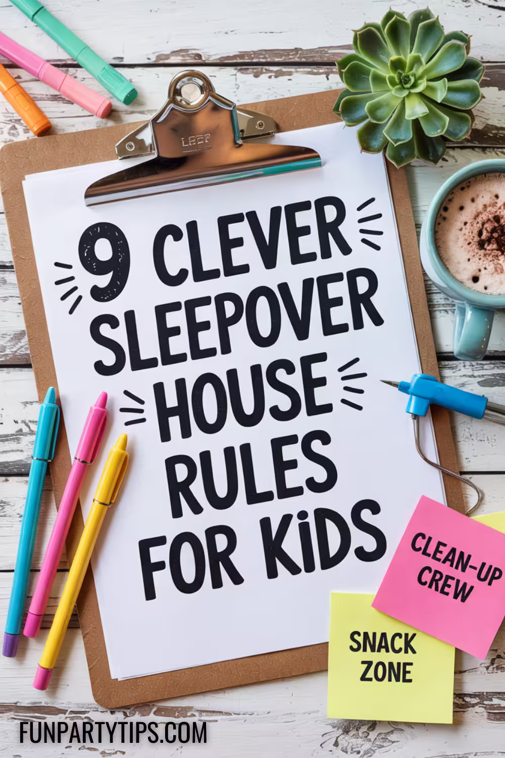 Overhead-view-of-a-clipboard-holding-a-sheet-that-says-“9-CLEVER-SLEEPOVER-HOUSE-RULES-FOR-KIDS,”-surrounded-by-colorful-pens,-a-succulent,-a-cup-of-hot-cocoa,-and-sticky-notes-labeled-“CLEAN-UP-CREW”-and-“SNACK-ZONE.”
