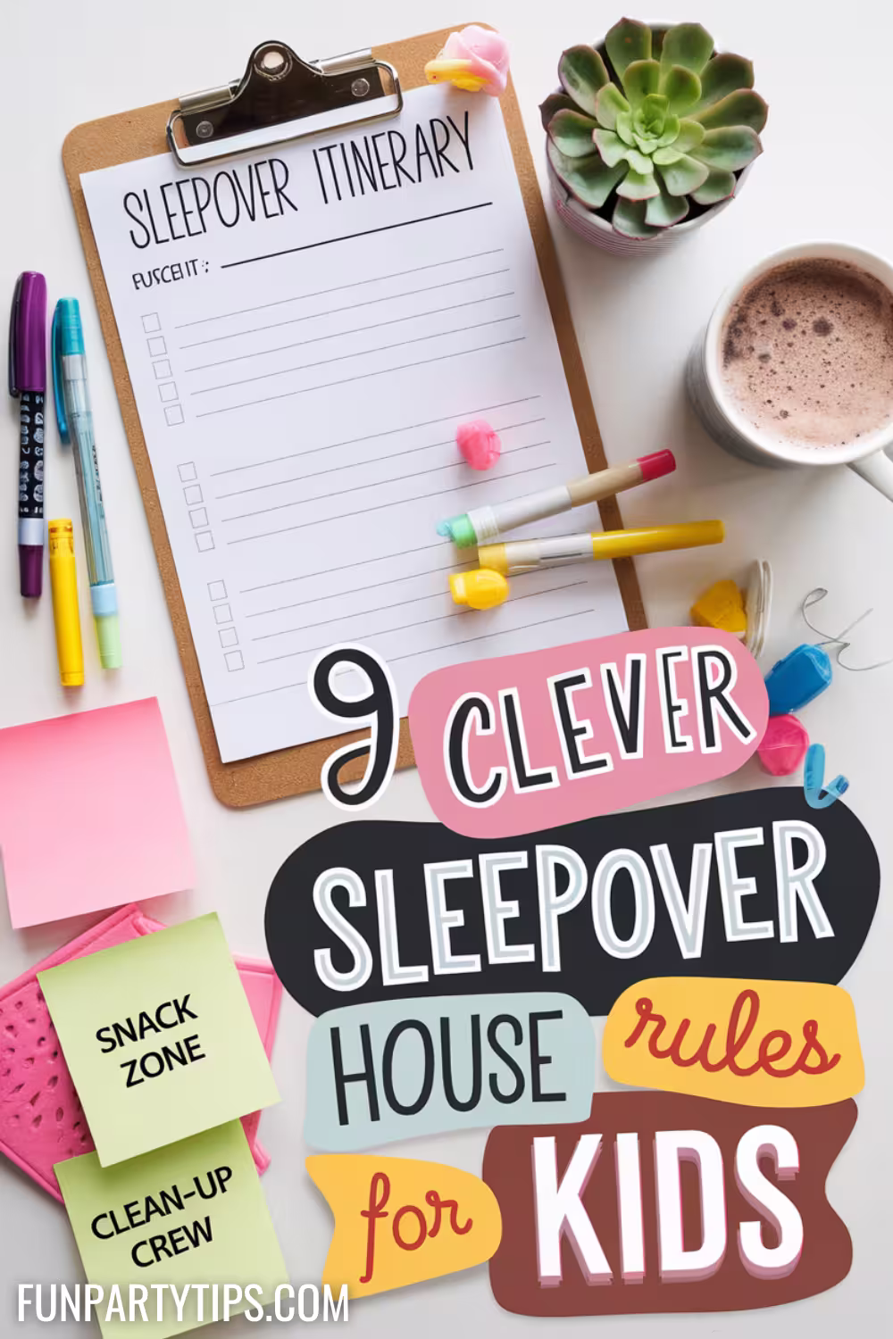Overhead-view-of-a-clipboard-holding-a-sheet-that-says-“9-CLEVER-SLEEPOVER-HOUSE-RULES-FOR-KIDS,”-surrounded-by-colorful-pens,-a-succulent,-a-cup-of-hot-cocoa,-and-sticky-notes-labeled-“CLEAN-UP-CREW”-and-“SNACK-ZONE.”

