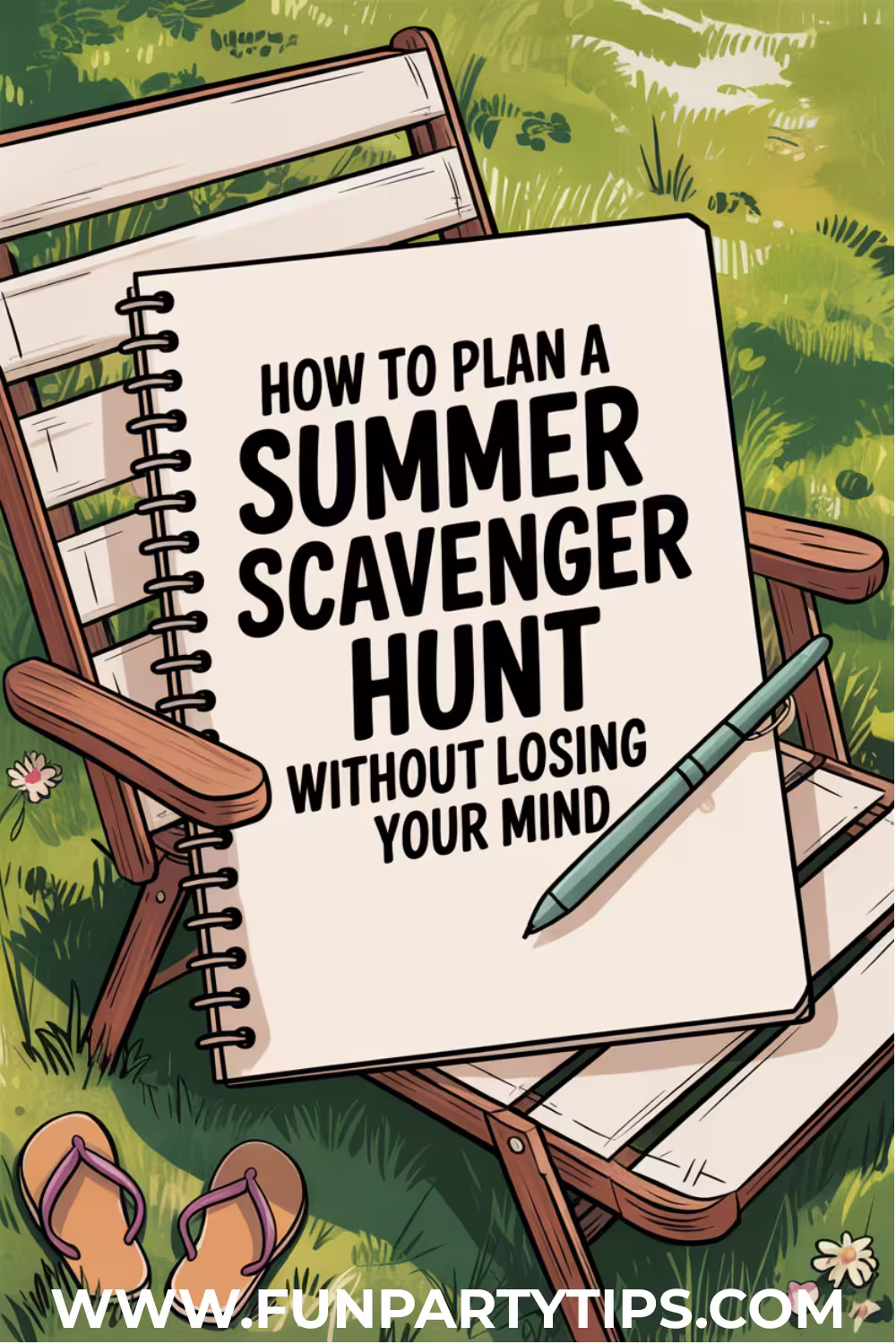 A-notebook-titled-"How-to-plan-a-summer-scavenger-hunt-without-losing-your-mind"-rests-on-a-lawn-chair-in-a-sunny-yard.-This-humorous-take-on-event-prep-is-perfect-for-a-summer-neighborhood-scavenger-hunt-for-kids.
