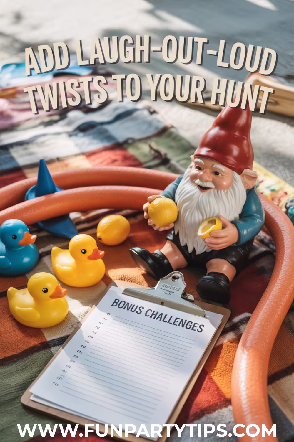 A-garden-gnome-holds-lemons-next-to-toy-ducks,-pool-noodles,-and-a-clipboard-marked-"Bonus-Challenges".-The-playful-layout-screams-summer-neighborhood-scavenger-hunt-for-kids-with-extra-giggles.