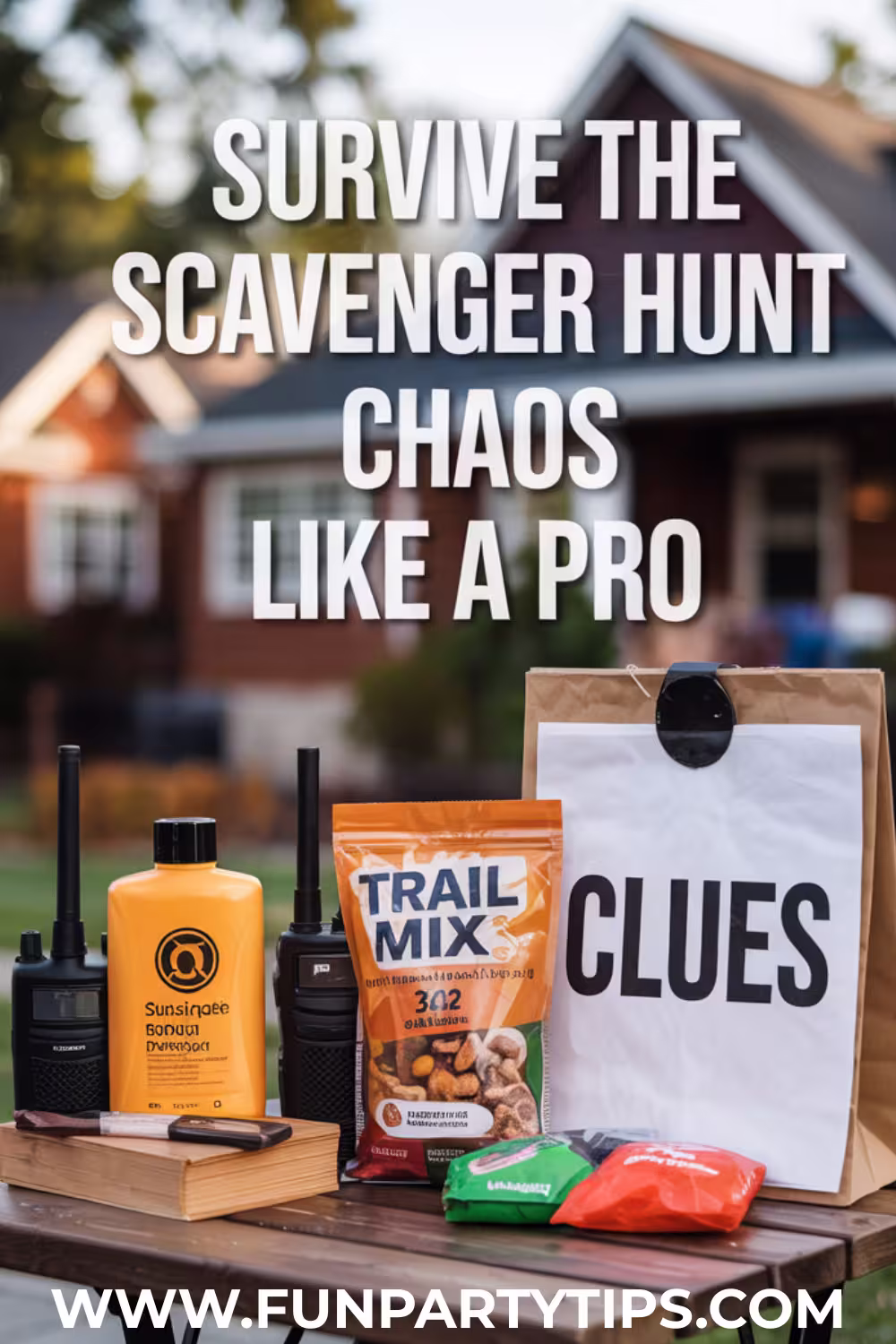 A-clue-kit-includes-walkie-talkies,-sunscreen,-trail-mix,-and-a-bag-labeled-"CLUES"-on-a-picnic-table-in-front-of-a-house.-It’s-the-ultimate-parent-survival-pack-for-a-summer-neighborhood-scavenger-hunt-for-kids.