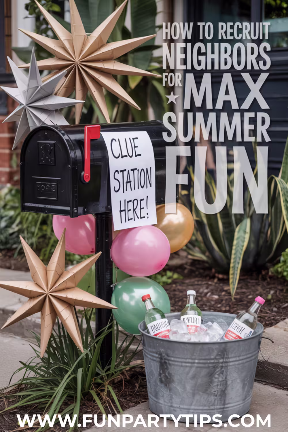 A-mailbox-labeled-"Clue-Station-Here!"-is-decorated-with-balloons-and-paper-stars,-next-to-a-metal-tub-filled-with-ice-and-drinks.-The-vibe-is-friendly-and-festive-for-a-summer-neighborhood-scavenger-hunt-for-kids.