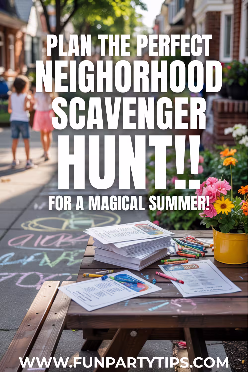 Stacks-of-scavenger-hunt-worksheets-and-sidewalk-chalk-cover-a-wooden-picnic-table,-while-children-walk-down-a-sunny-sidewalk.-Text-promotes-"Plan-the-perfect-neighborhood-scavenger-hunt-for-a-magical-summer!",-perfect-for-a-summer-neighborhood-scavenger-hunt-for-kids.