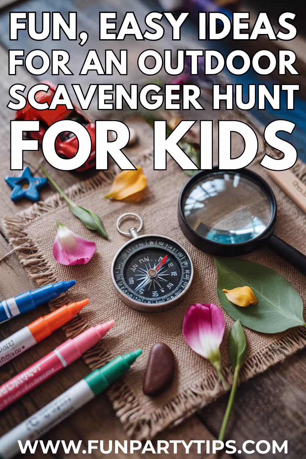Markers,-a-compass,-magnifying-glass,-flower-petals,-and-a-toy-car-arranged-on-burlap.-Text-says-"Fun,-easy-ideas-for-an-outdoor-scavenger-hunt-for-kids",-ideal-for-a-summer-neighborhood-scavenger-hunt-for-kids.