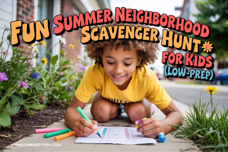 A-smiling-child-crouches-on-a-sidewalk,-using-colorful-markers-to-check-off-a-scavenger-hunt-list,-surrounded-by-flowers.-Bold-text-reads-"Fun-Summer-Neighborhood-Scavenger-Hunt-for-Kids-(Low-Prep)",-making-it-a-playful-and-engaging-activity-for-warm-days.-Perfect-for-a-summer-neighborhood-scavenger-hunt-for-kids.