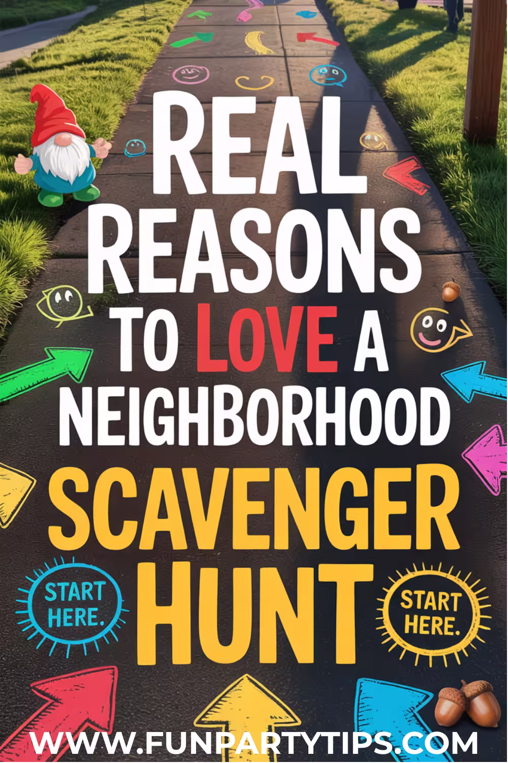 A-sidewalk-decorated-with-colorful-chalk-arrows,-emojis,-and-a-gnome-draws-kids-into-the-fun.-Text-reads,-"Real-reasons-to-love-a-neighborhood-scavenger-hunt",-celebrating-the-joy-of-a-summer-neighborhood-scavenger-hunt-for-kids.