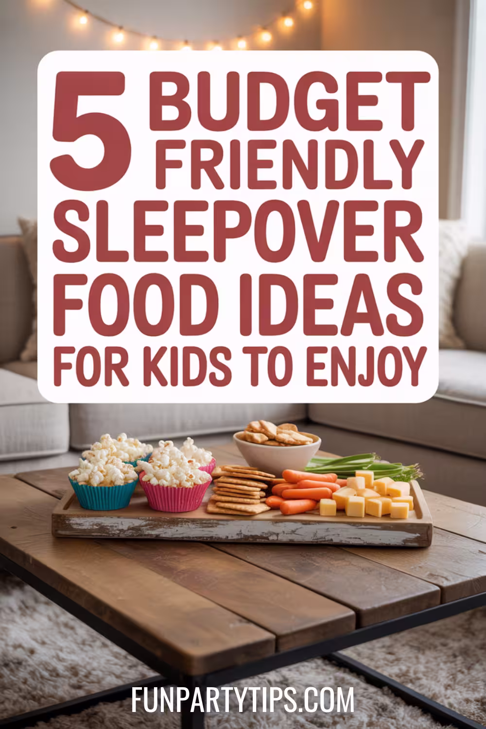 Wooden-coffee-table-with-a-tray-of-kid-friendly-snacks-including-popcorn-crackers-carrots-and-cheese-cubes-set-in-a-cozy-living-room-perfect-for-budget-friendly-sleepover-food-ideas.