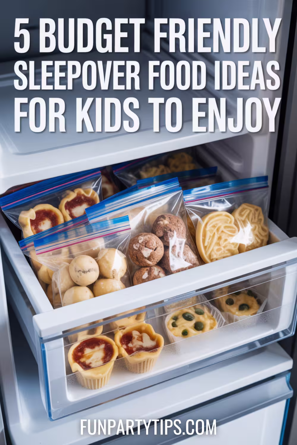 Open-freezer-drawer-filled-with-labeled-baggies-of-frozen-cookies-mini-pizzas-and-snacks-organized-and-ready-to-go-as-part-of-make-ahead-sleepover-food-ideas-for-kids.