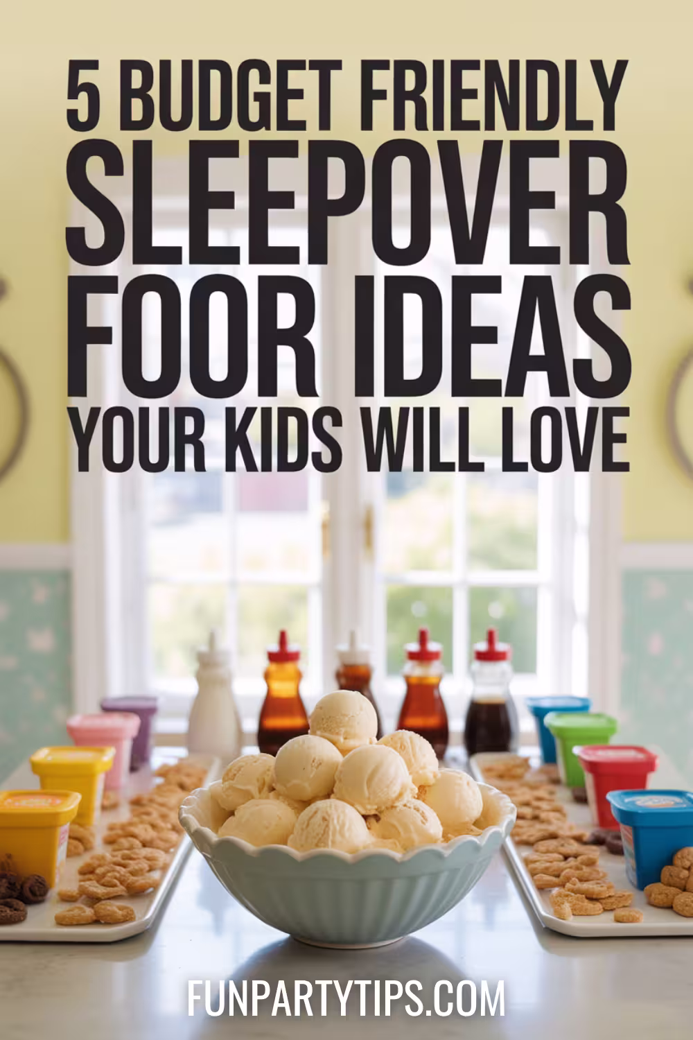Ice-cream-sundae-bar-with-a-bowl-of-vanilla-scoops-surrounded-by-syrups-yogurts-and-cereal-toppings-set-up-in-a-bright-kitchen-for-creative-sleepover-food-ideas-kids-will-love.