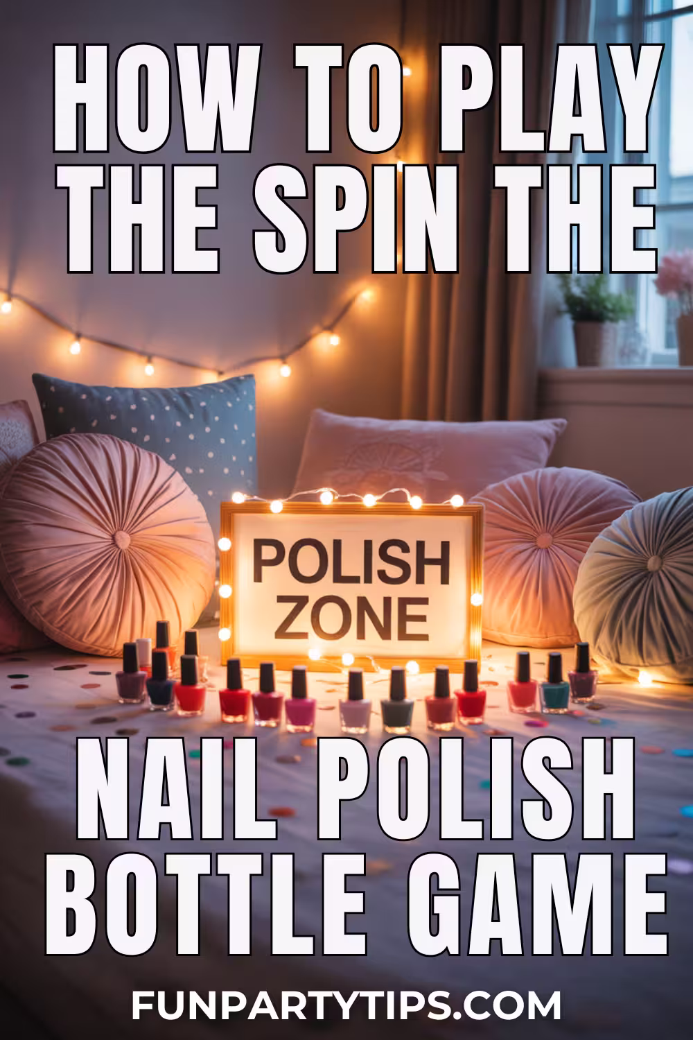 A-dreamy-bedroom-with-fairy-lights,-pillows,-a-"Polish-Zone"-sign,-and-rows-of-nail-polish,-explaining-how-to-play-the-spin-the-nail-polish-sleepover-game.