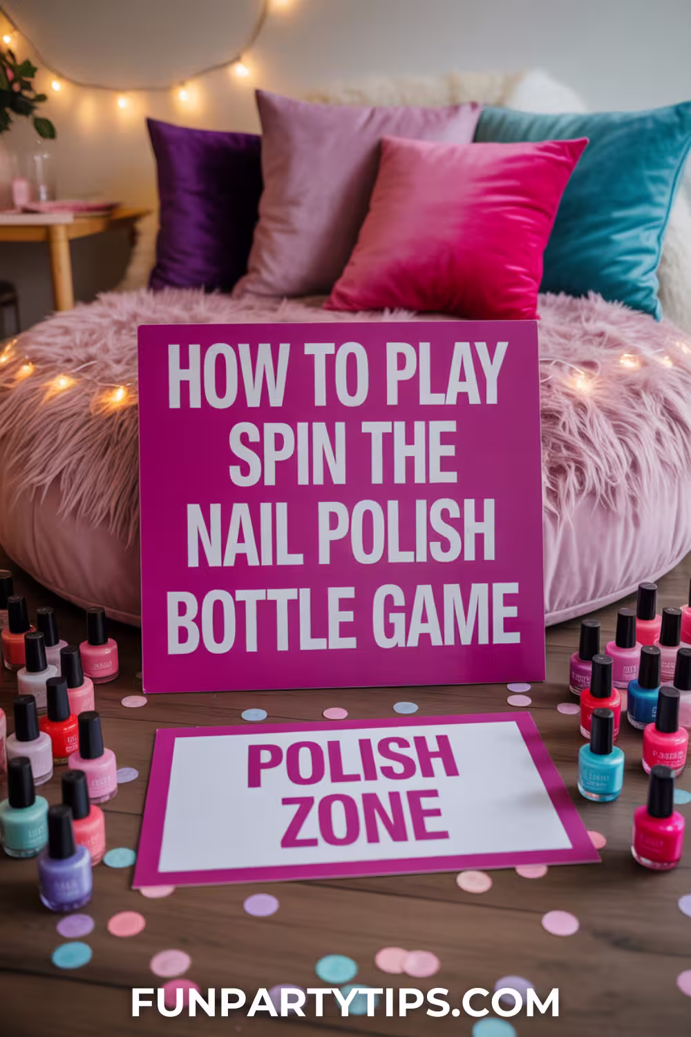 A-colorful-sleepover-display-with-bold-signs-reading-"How-to-Play-Spin-the-Nail-Polish-Bottle-Game"-and-"Polish-Zone",-surrounded-by-nail-polish-and-confetti-for-a-spin-the-nail-polish-sleepover-game.