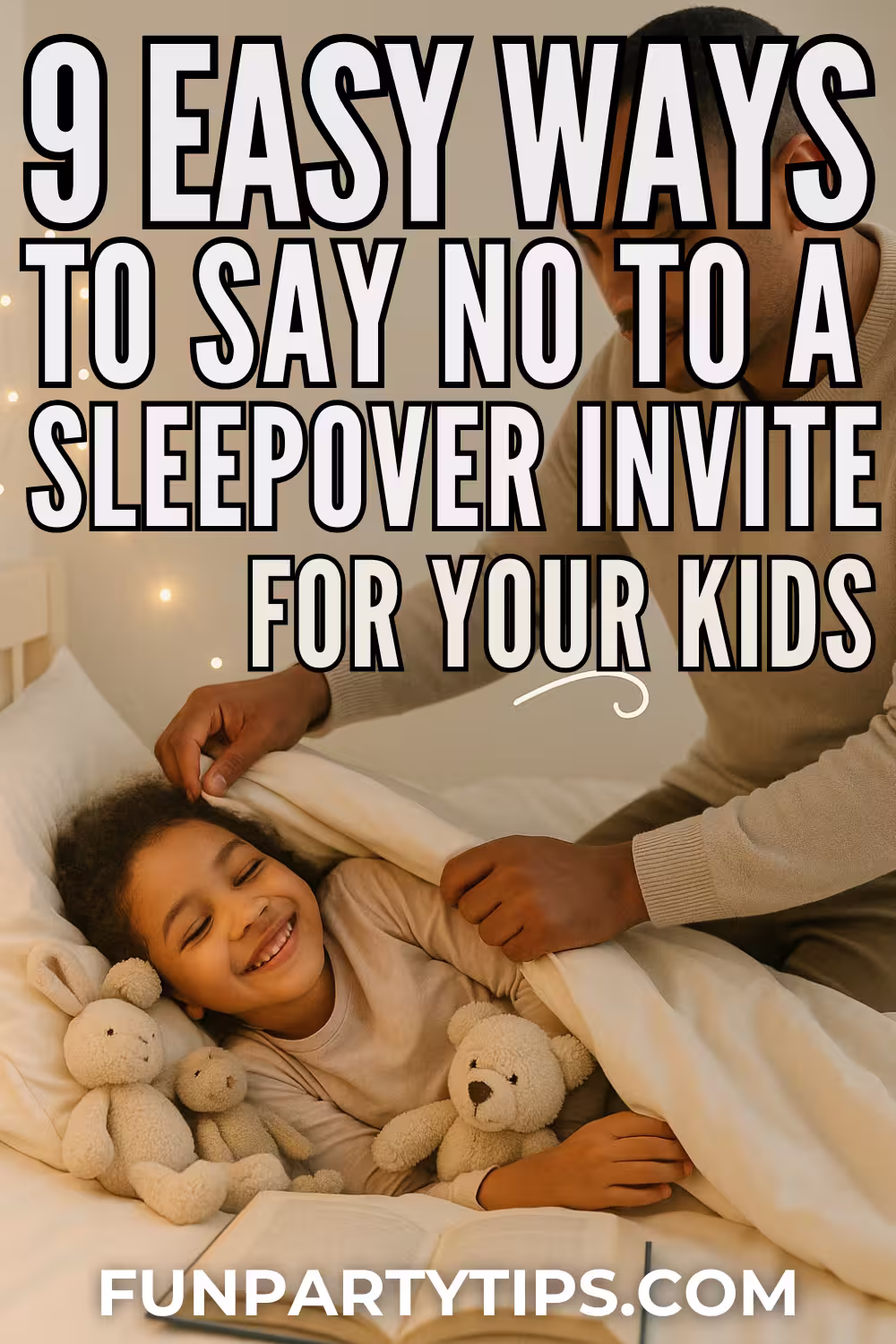 a-smiling-child-tucked-in-bed-with-three-stuffed-animals-while-a-parent-adjusts-the-blanket-text-reads-9-easy-ways-to-say-no-to-a-sleepover-invite-for-your-kids-funpartytips-dot-com-at-the-bottom