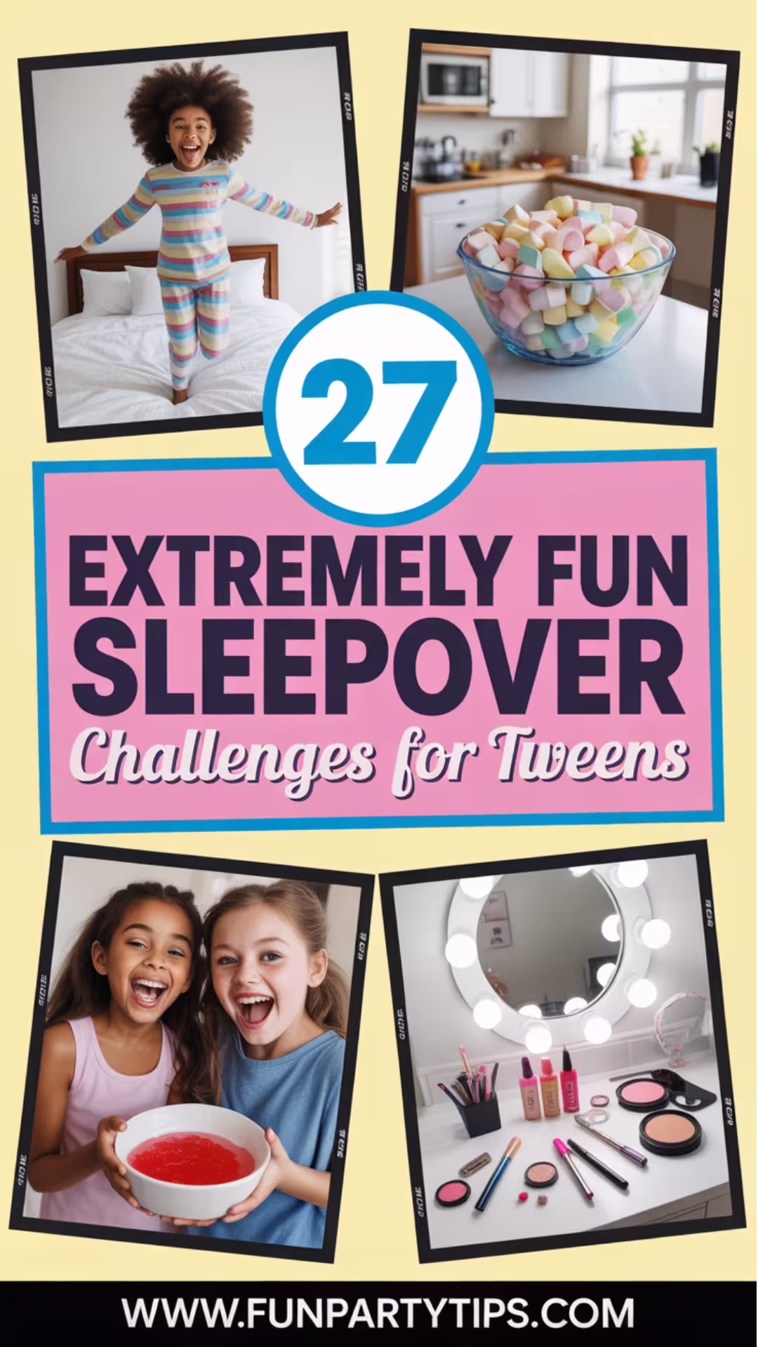 a-colorful-collage-showing-kids-jumping-on-a-bed-holding-jello-and-doing-makeup-for-fun-sleepover-challenges-and-game