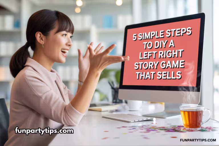 Woman smiling at her desktop computer with a text overlay reading “5 Simple Steps to DIY a Left Right Story Game That Sells.” A tea mug and party confetti sit beside her. Great for showing how to make a Left Right story game with AI in a professional or seller-friendly setting.