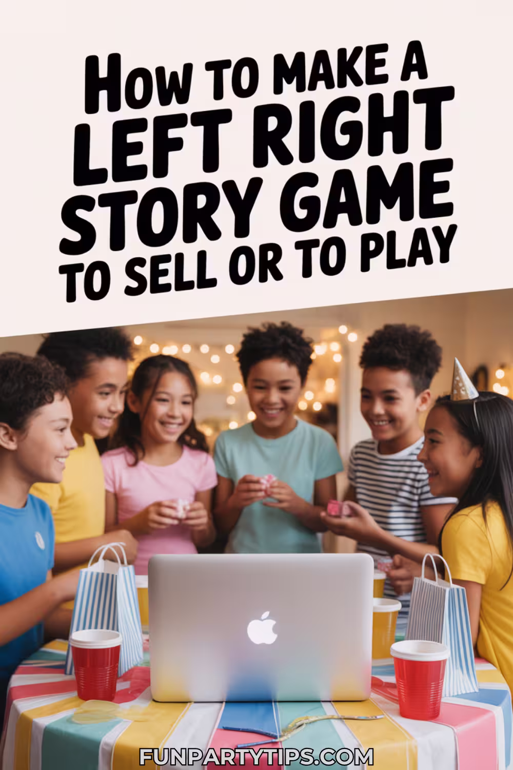 Children gathered around a lit-up table with colorful papers and a laptop in the foreground. The header says, “How to Make a Left Right Story Game to Sell or to Play.” Emphasizes how to make a Left Right story game with AI tools like ChatGPT in a creative group setting.