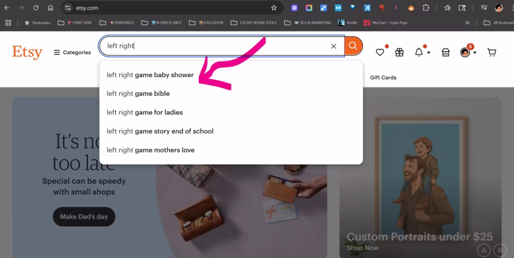 Screenshot of an Etsy keyword research tool showing search volume, CPC, and competition for the phrase “left right game bible.” Includes filters and tags like Printable, Sunday School, and Pass the Prize. This tool helps creators make a Left Right story game with AI by identifying high-interest themes.