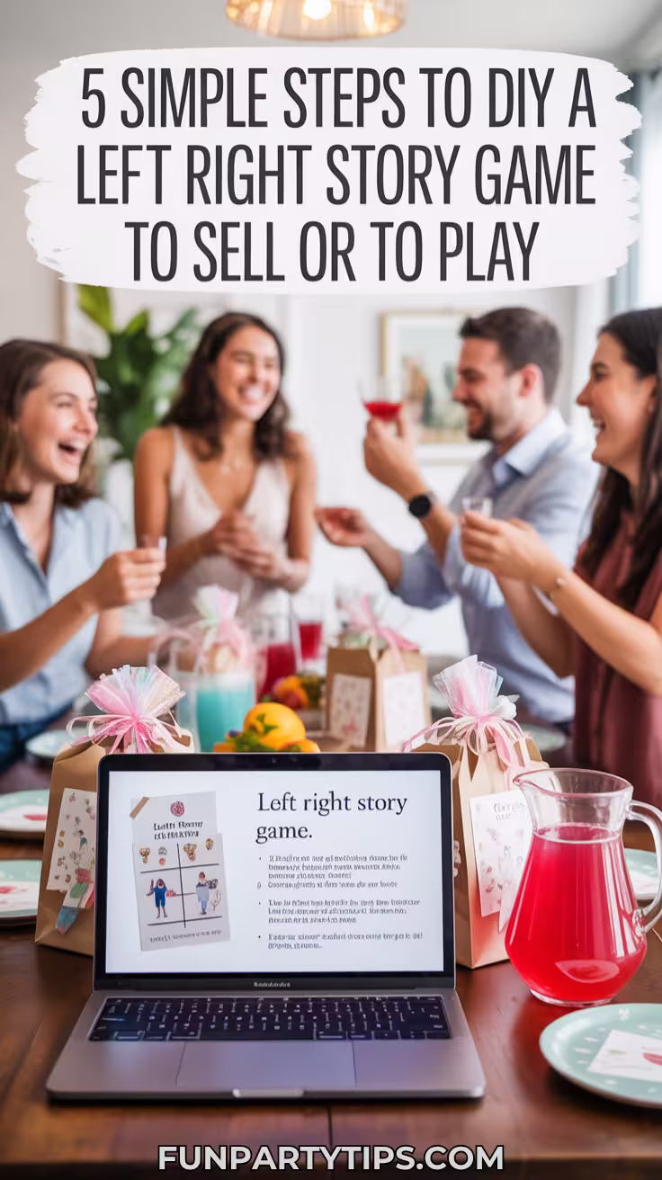 A cheerful group of adults celebrates around a decorated table with colorful drinks and favor bags. A laptop displays a Left Right story game tutorial. Header text reads, “5 Simple Steps to DIY a Left Right Story Game to Sell or to Play.” Perfect visual for how to make a Left Right story game with AI and market it.