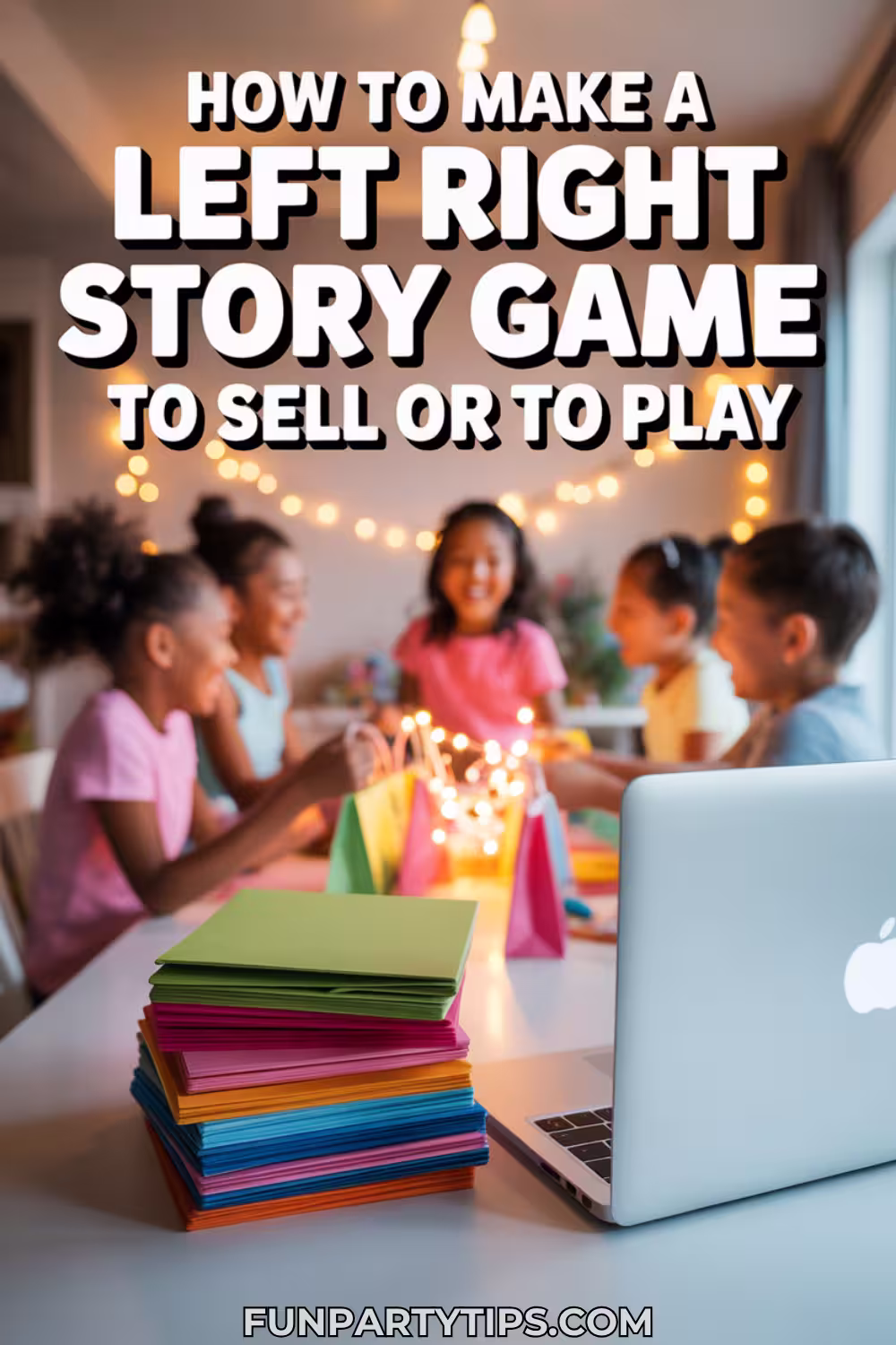 Group of kids sitting around a party table with a laptop, gift bags, and colorful cups. The bold header reads “How to Make a Left Right Story Game to Sell or to Play.” Ideal for illustrating how to make a Left Right story game with AI for family fun or resale.