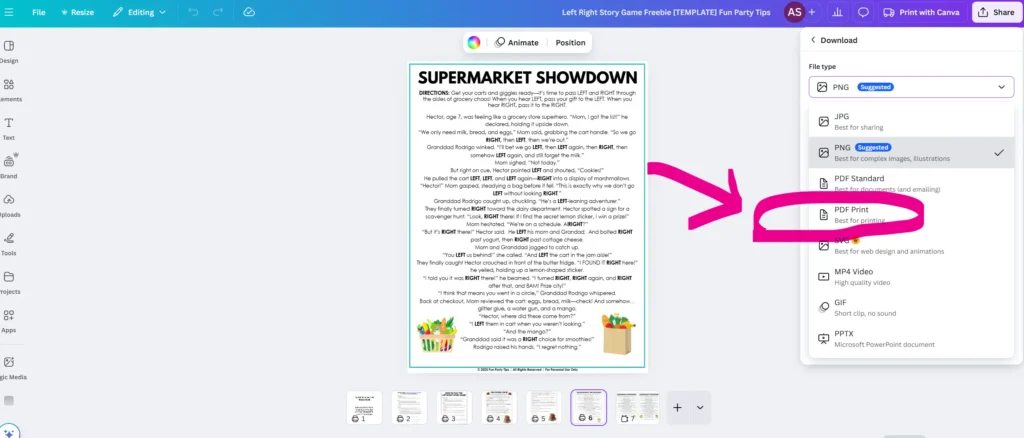 Screenshot of a Canva design titled Supermarket Showdown with game instructions. On the right, a bright pink arrow points to the PDF Print download option highlighted in a dropdown menu.