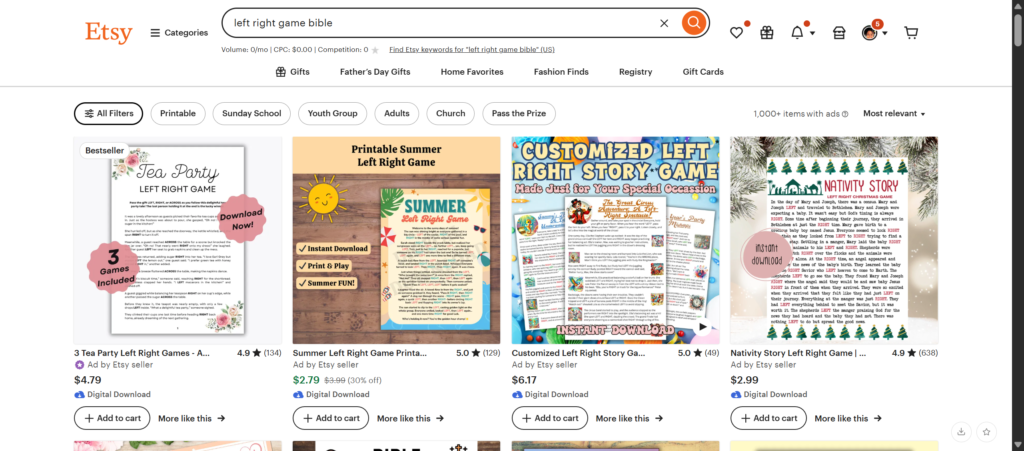Screenshot of Etsy search results for left right game bible, showing various printable left-right party game listings, including themed covers and prices, with options to add to cart or favorites.