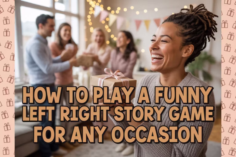 A smiling woman holding a wrapped gift stands in front of a festive indoor party scene, with people exchanging presents and twinkling lights. Bold text reads, “HOW TO PLAY A FUNNY LEFT RIGHT STORY GAME FOR ANY OCCASION.”