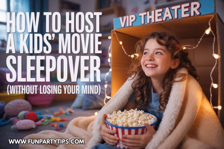 how-to-host-a-kids-movie-sleepover-without-losing-your-mind-curly-haired-girl-in-vip-theater-box-holding-popcorn-smiling-cozy-blanket-string-lights