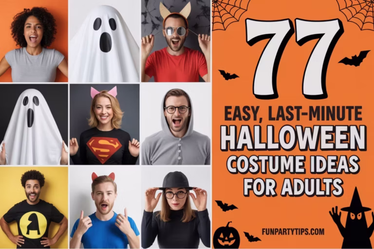 Collage of people wearing simple Halloween costumes, including a ghost sheet, superhero shirt, cat ears, devil horns, and a grey hoodie with ears. Text reads: “77 easy, last-minute Halloween costume ideas for adults” with bats and a jack-o'-lantern on an orange background.