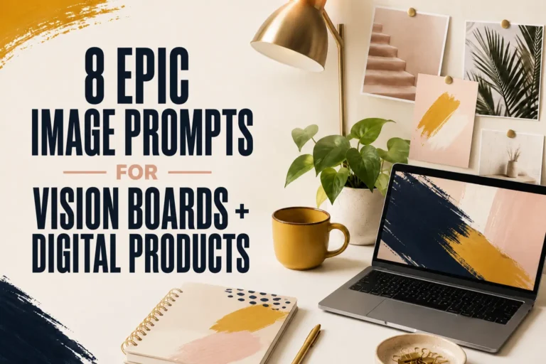 Modern workspace graphic featuring bold blog title text, laptop, gold lamp, leafy plant, mustard mug, notebook, and neutral vision board photos.